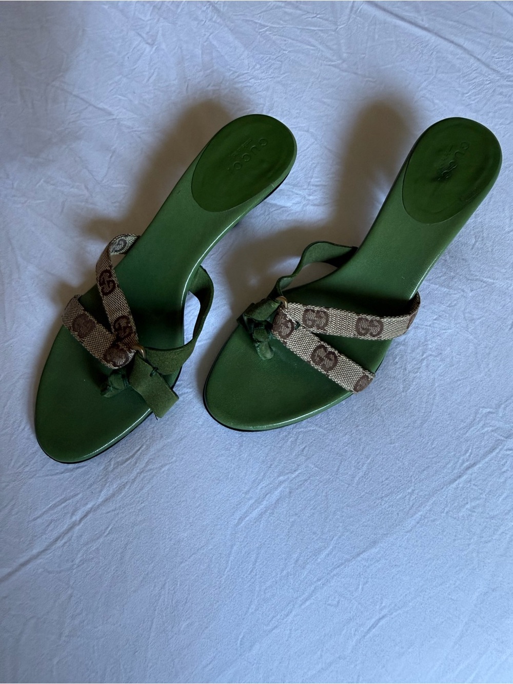 Gucci Tom Ford era Green/Brown GG Canvas with Suede mules/sandals on kitten heel - Picture 12 of 16